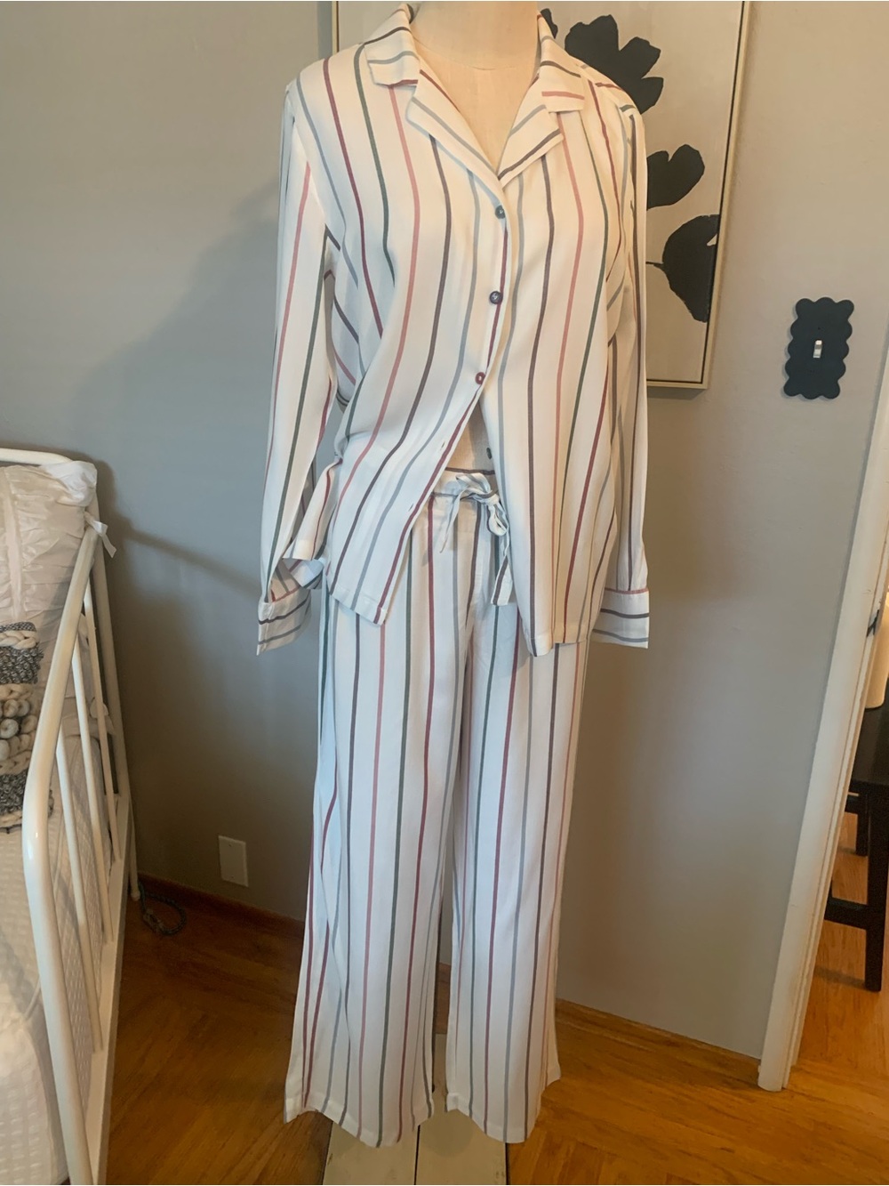Women's Striped White Wide-Leg Pajama Set